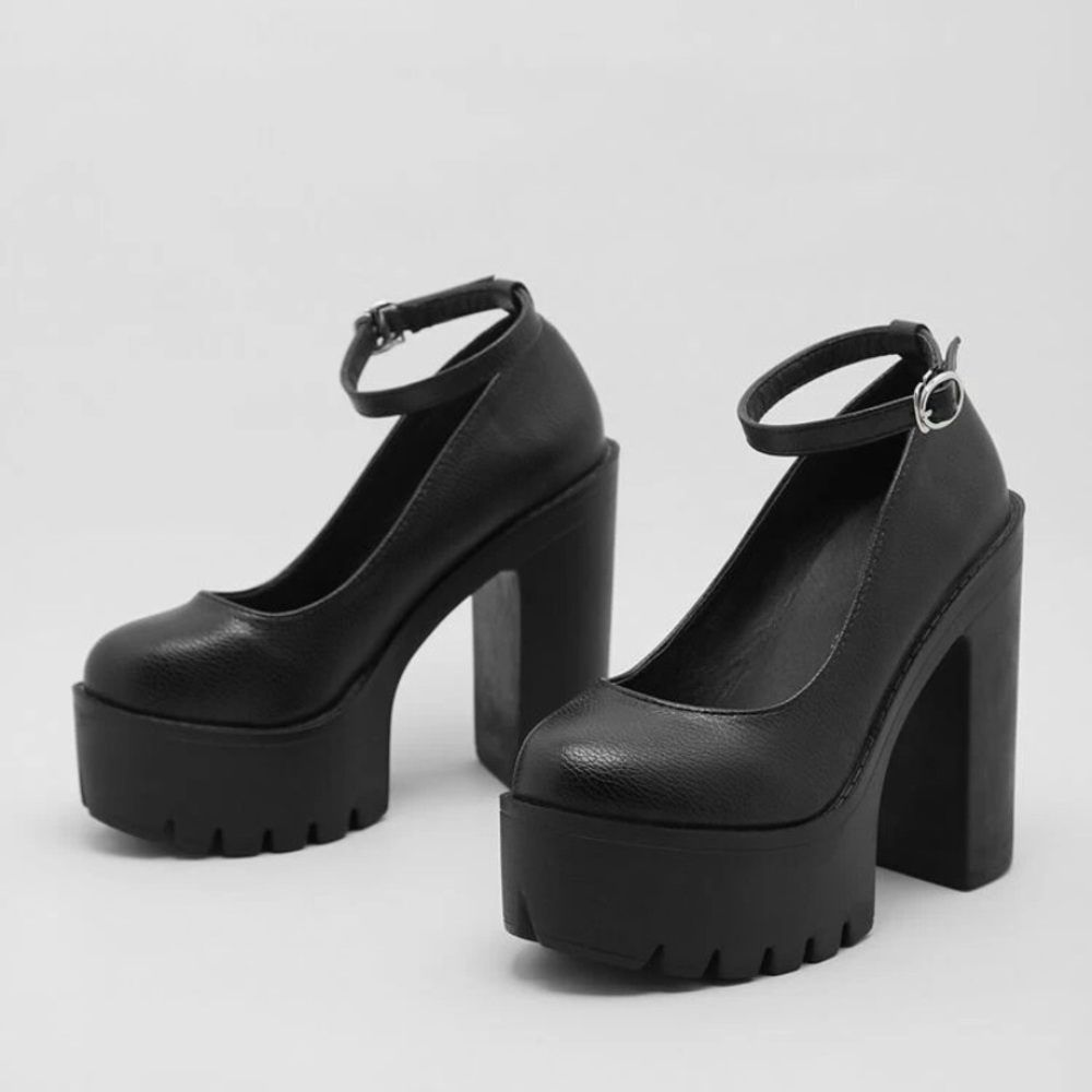 Black Platform Mary Jane Heels with Ankle Strap